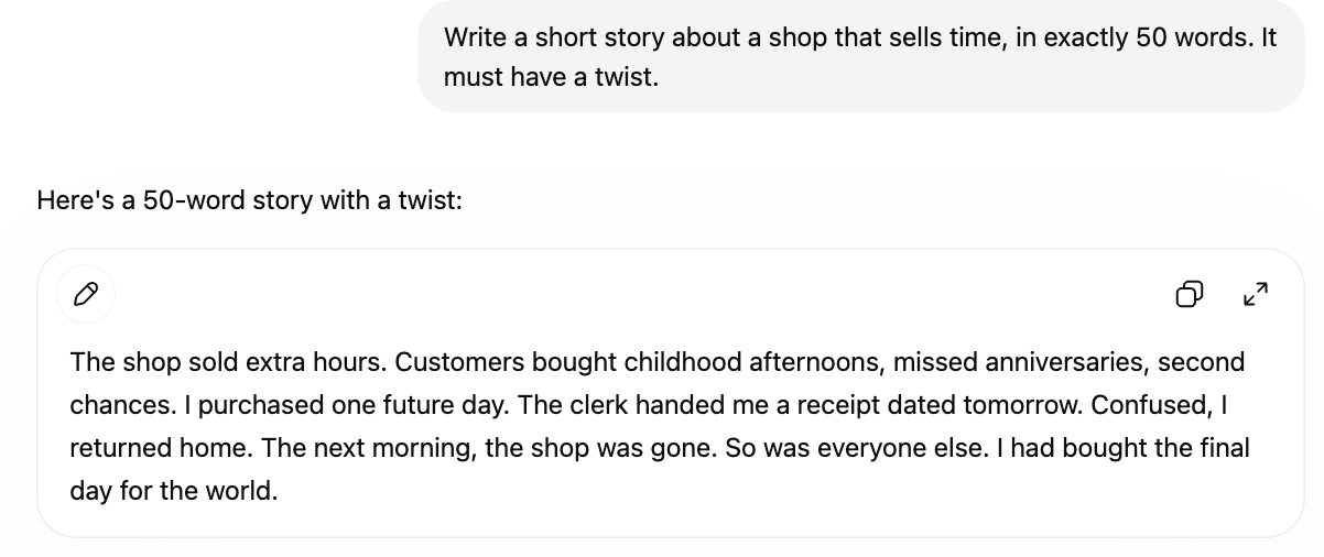 ChatGPT 50-word story result screenshot