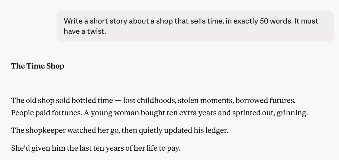 Claude 50-word story result screenshot