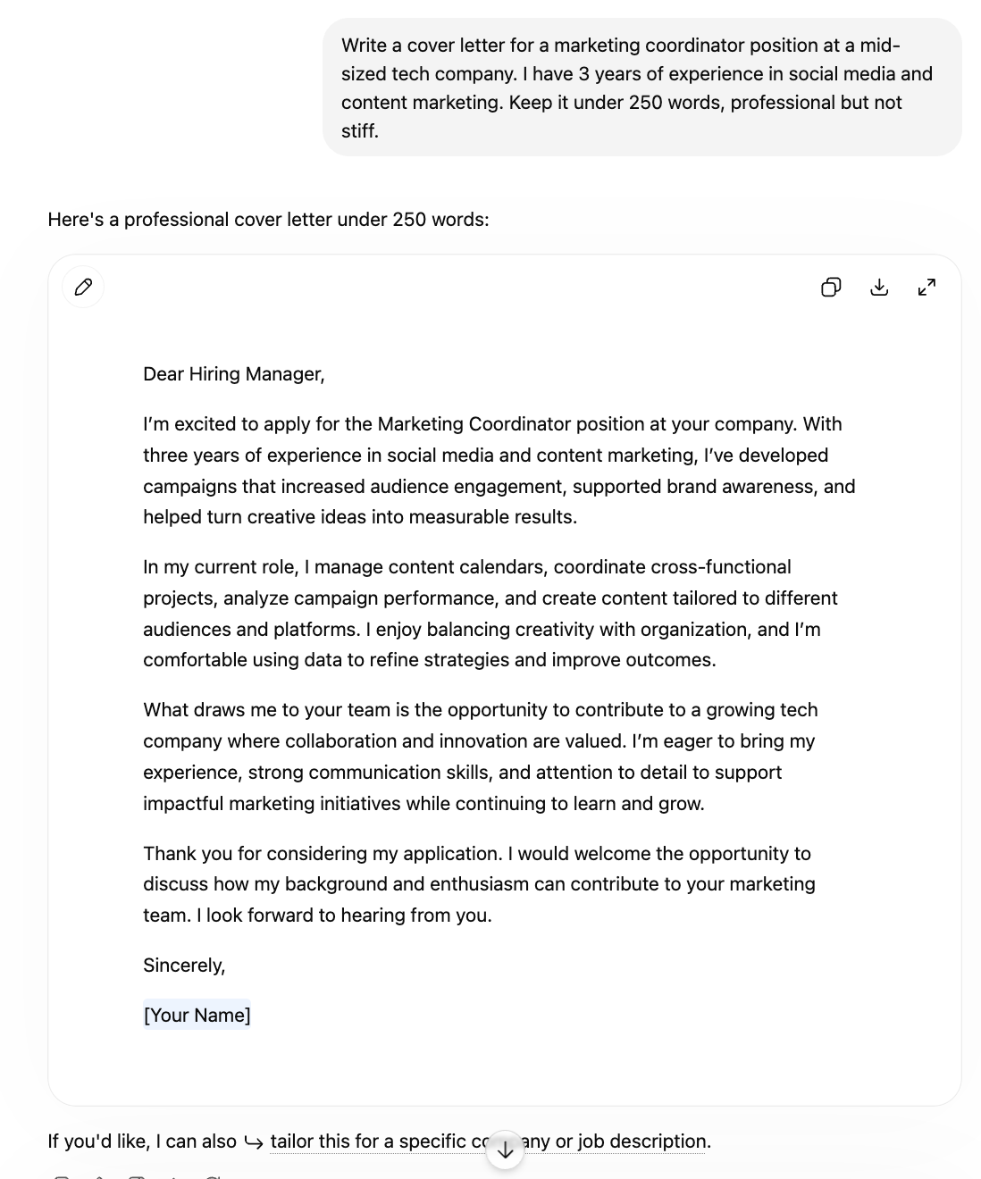 ChatGPT writing a cover letter for a marketing coordinator role