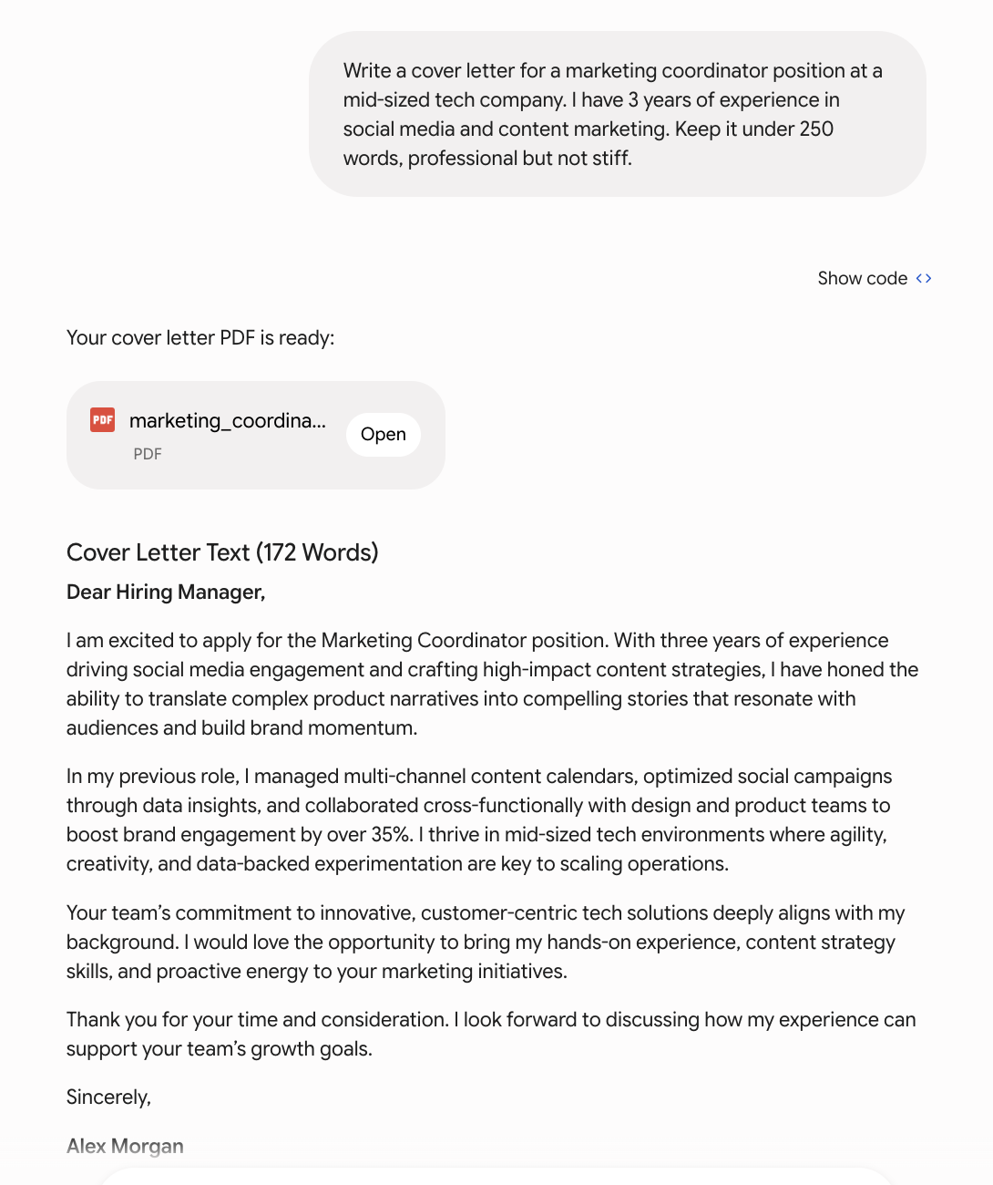 Gemini writing a cover letter and generating a PDF