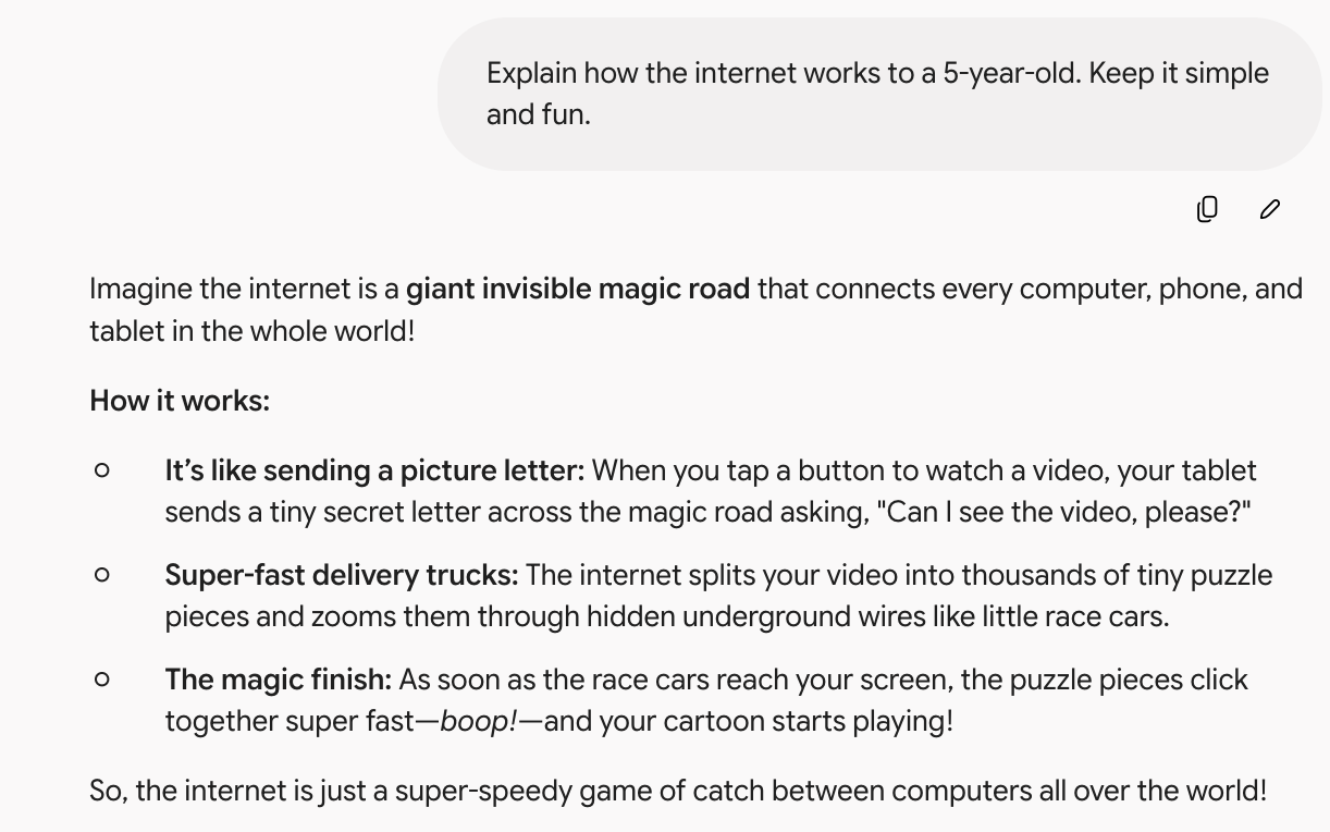Gemini explaining the internet to a 5-year-old using a magic road metaphor