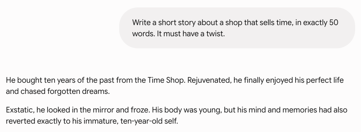 Gemini 50-word story result screenshot