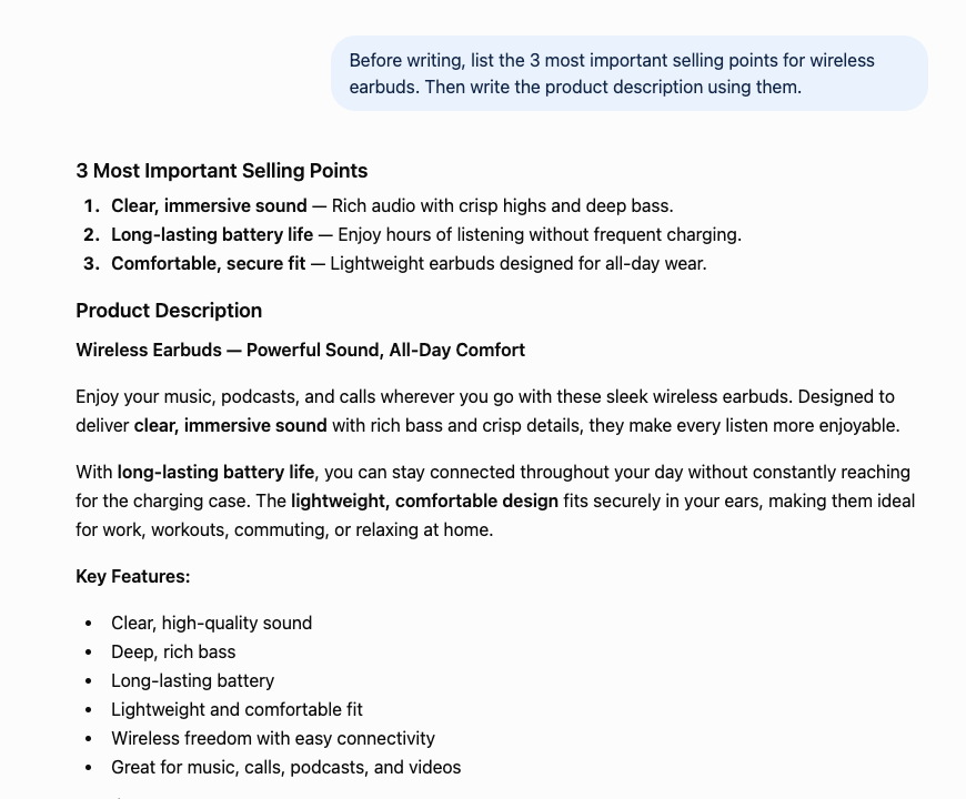 Product description after asking the model to plan first