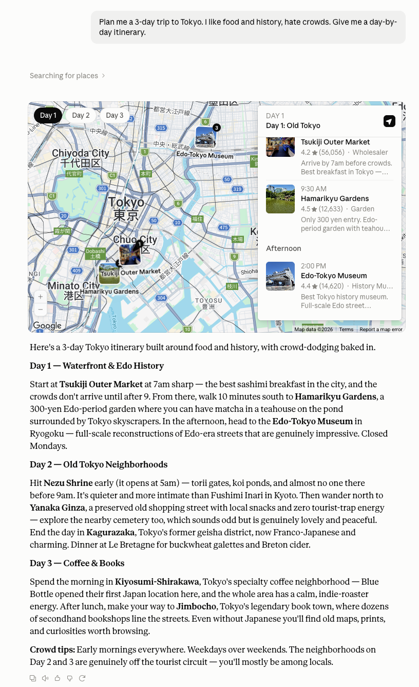 Claude detailed Tokyo itinerary with photos and specific restaurant recommendations